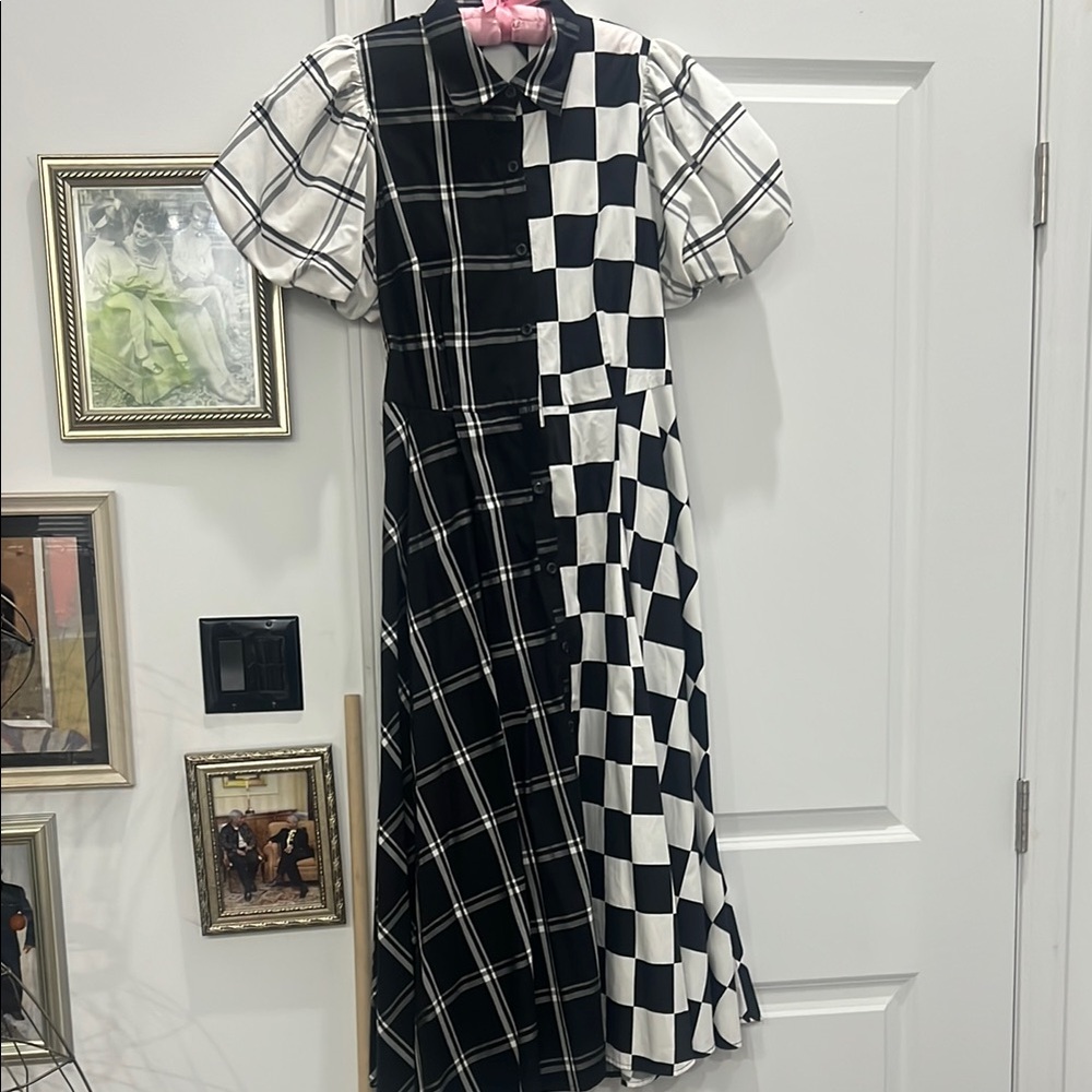 Christopher John Rogers Asymmetrical Black and White Puff Sleeve Dress
